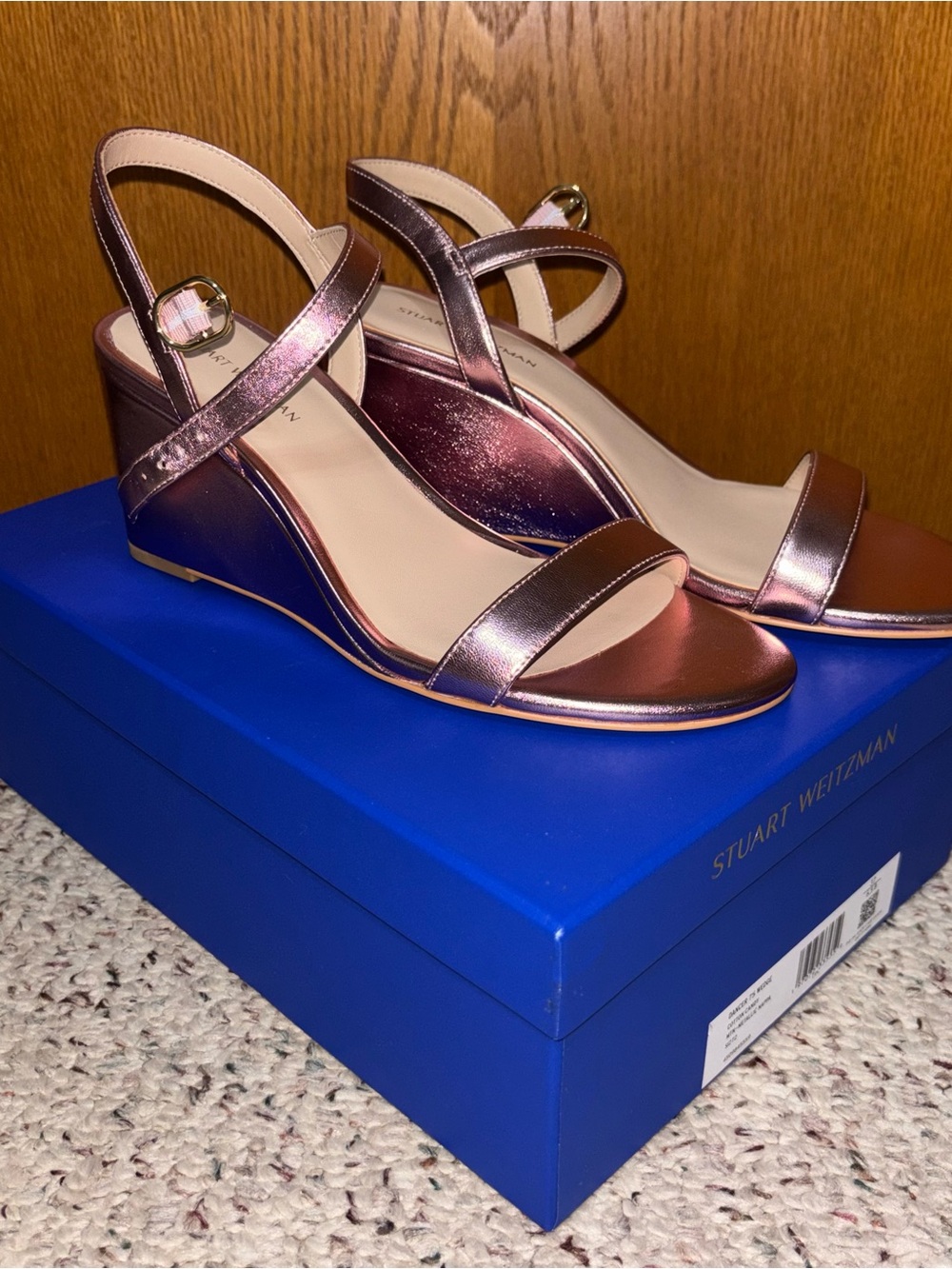 Stuart Weitzman Rose Gold Metallic Wedge Sandals